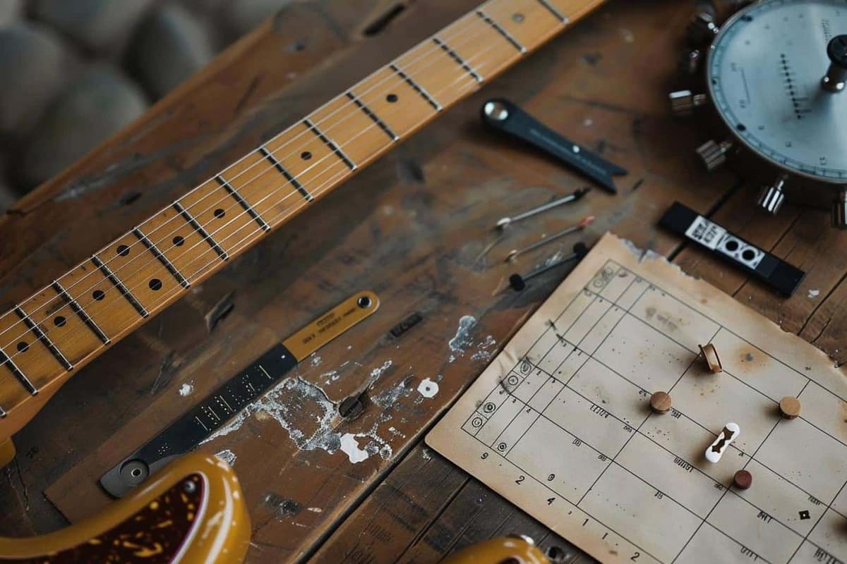 Main gauche formant un accord de si mineur sur une guitare acoustique