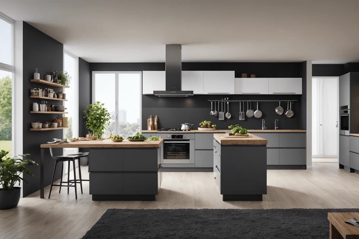 Cuisine équipée contemporaine avec tiroirs organisés et plan de travail lumineux