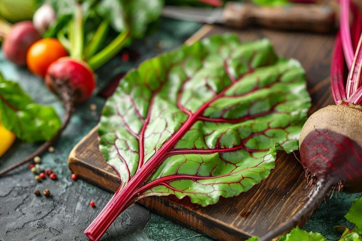 Botte de betteraves fraîches avec fanes vertes prêtes à être cuisinées