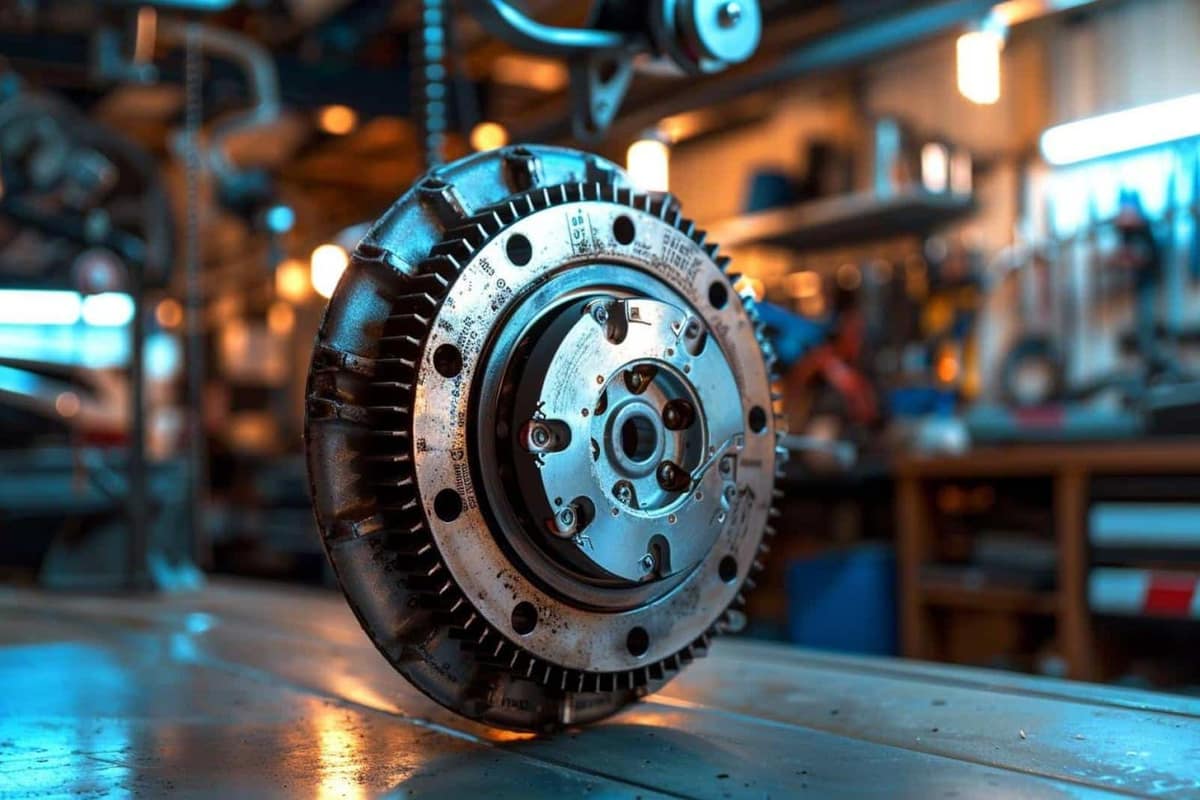 Kit d’embrayage et volant moteur posés sur un établi de garage