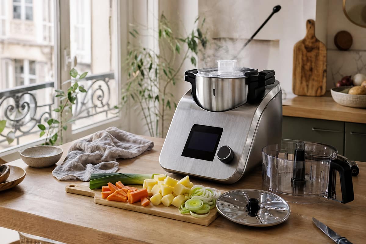 Robot cuiseur inox préparant une soupe de légumes sur un plan de travail