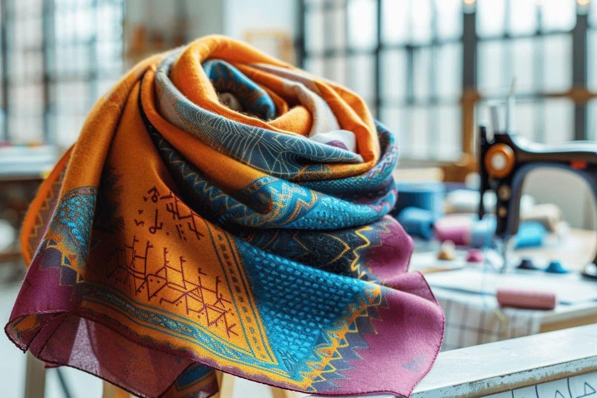 Foulard triangle en coton imprimé à la main sur une table de couture