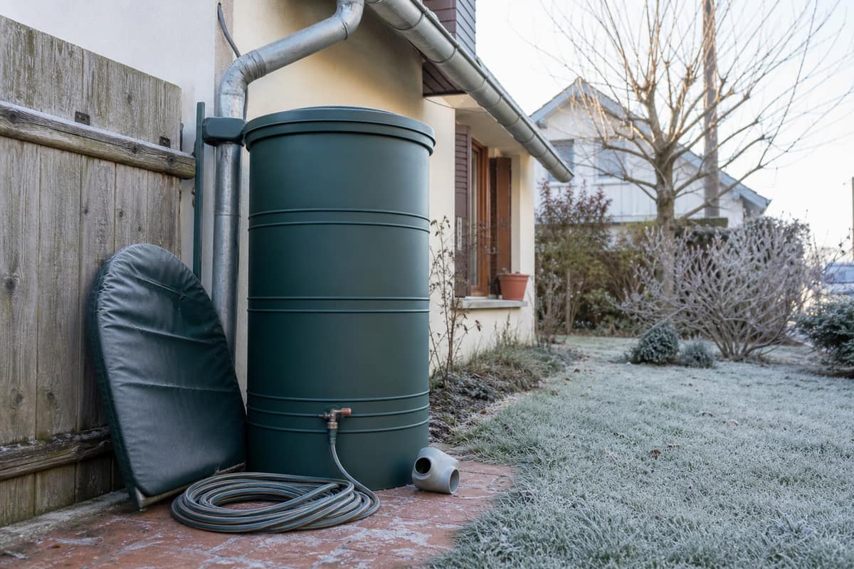 Récupérateur d’eau de pluie vidé et isolé dans un jardin légèrement givré