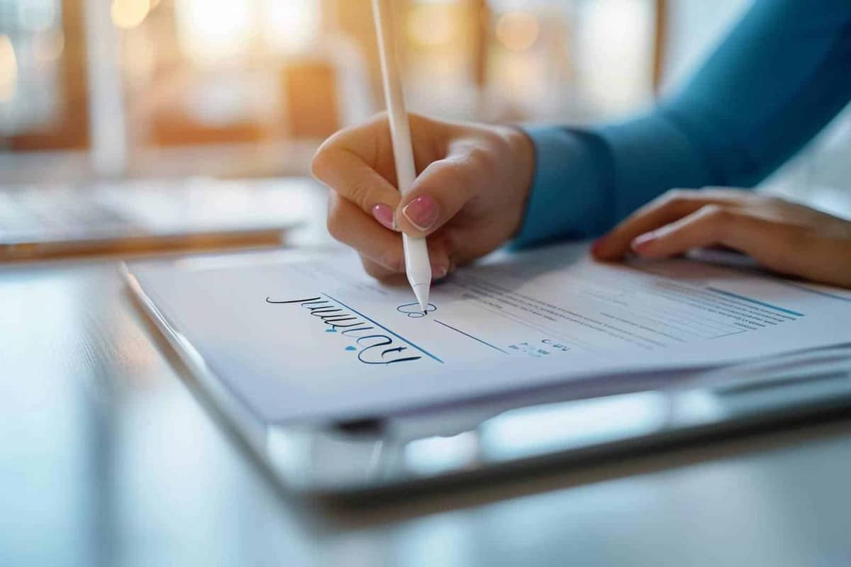 Signature électronique sur ordinateur avec smartphone et contrat posé sur un bureau