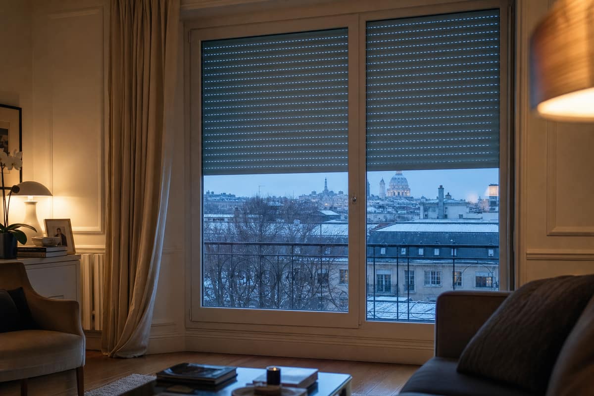 Volet roulant fermé devant une fenêtre d’appartement à la tombée du jour