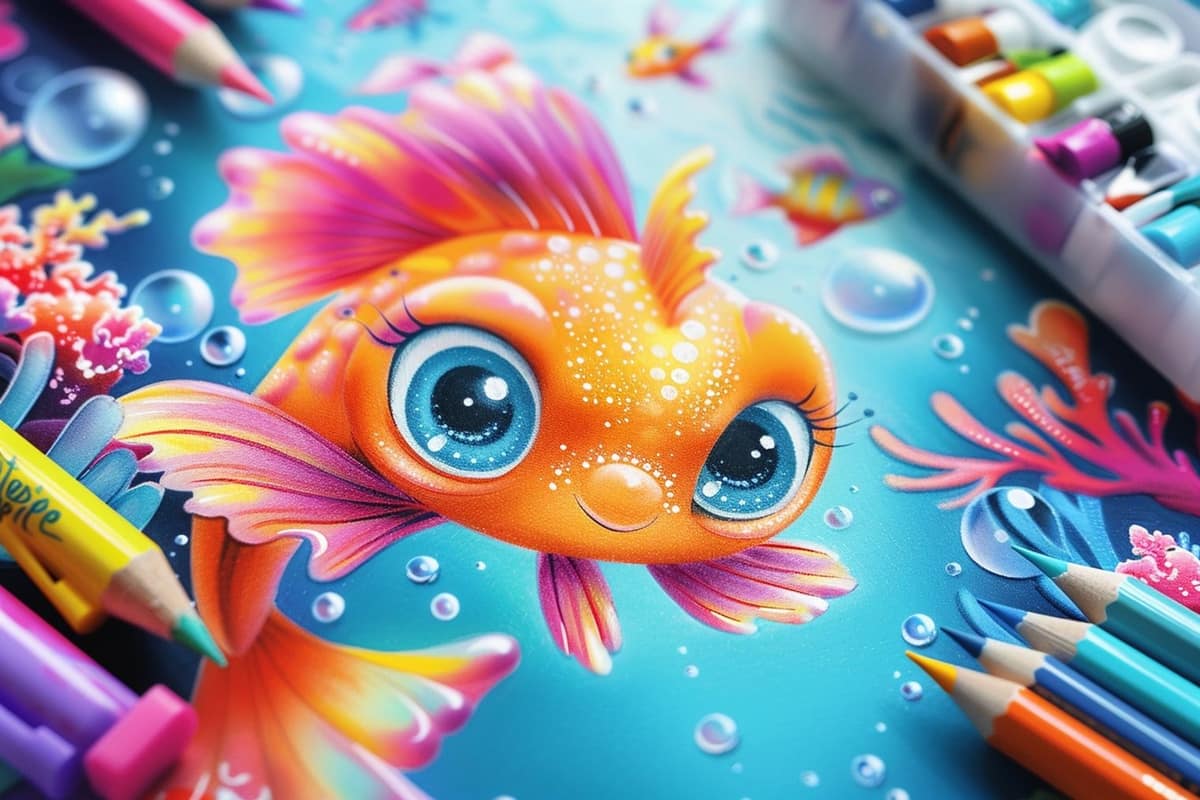 Carnet ouvert avec poisson kawaii coloré, crayons et feutre fin sur bureau clair