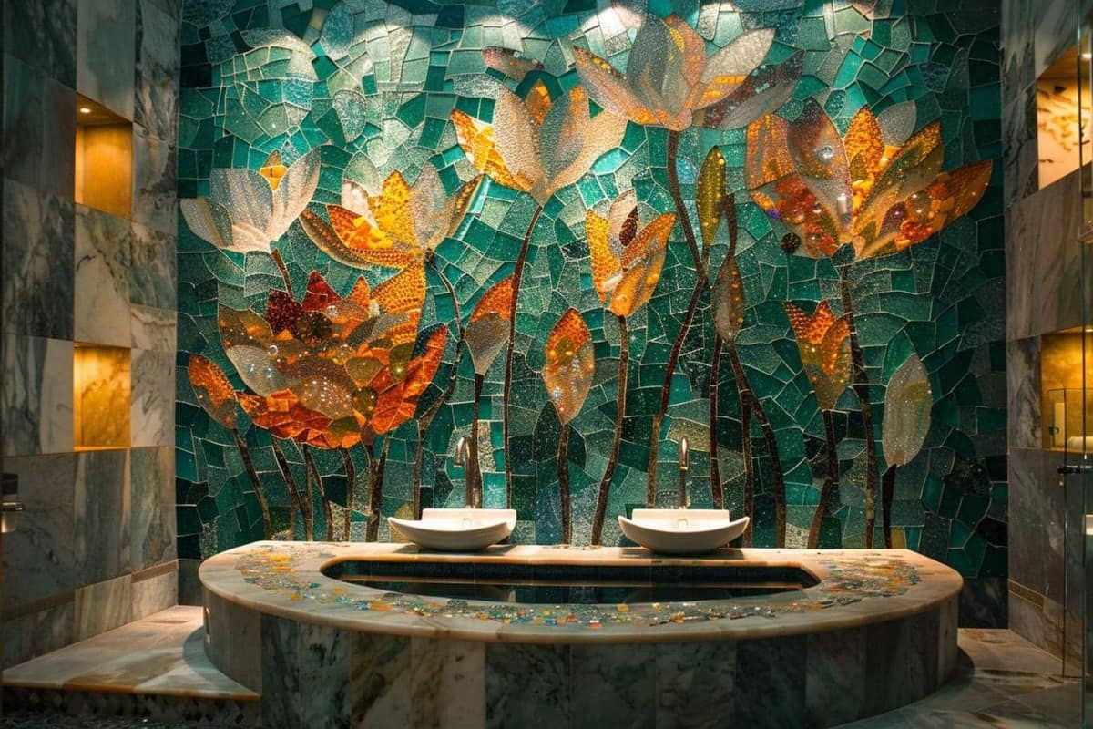 Douche à l’italienne habillée de mosaïque mate vert sauge et blanche