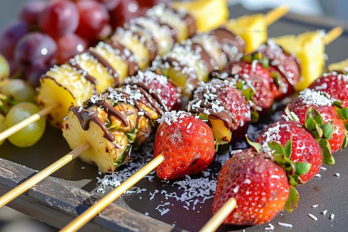 Brochettes de fraises, melon, ananas, raisin et kiwi avec dip au yaourt