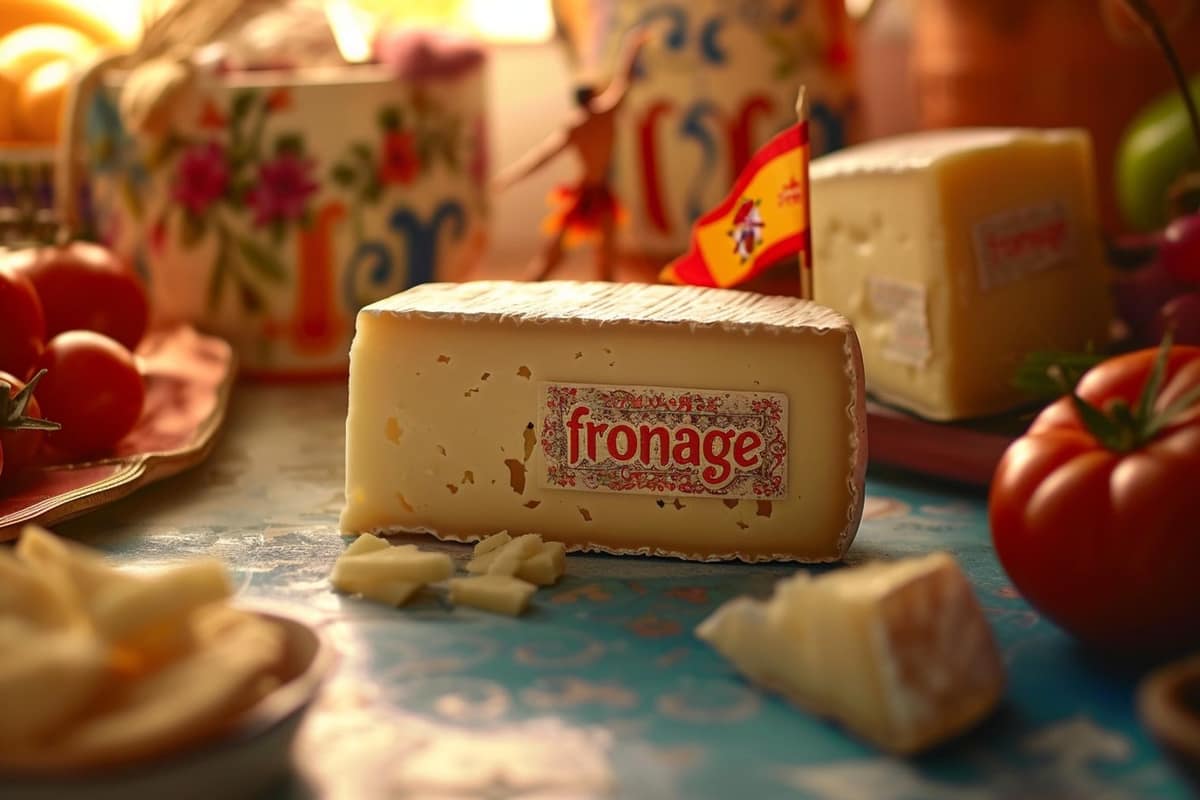 Quartiers de fromages espagnols sur un comptoir de marché en bois