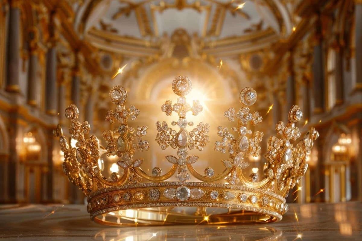 Couronne royale suédoise en or, perles et pierres précieuses dans une vitrine