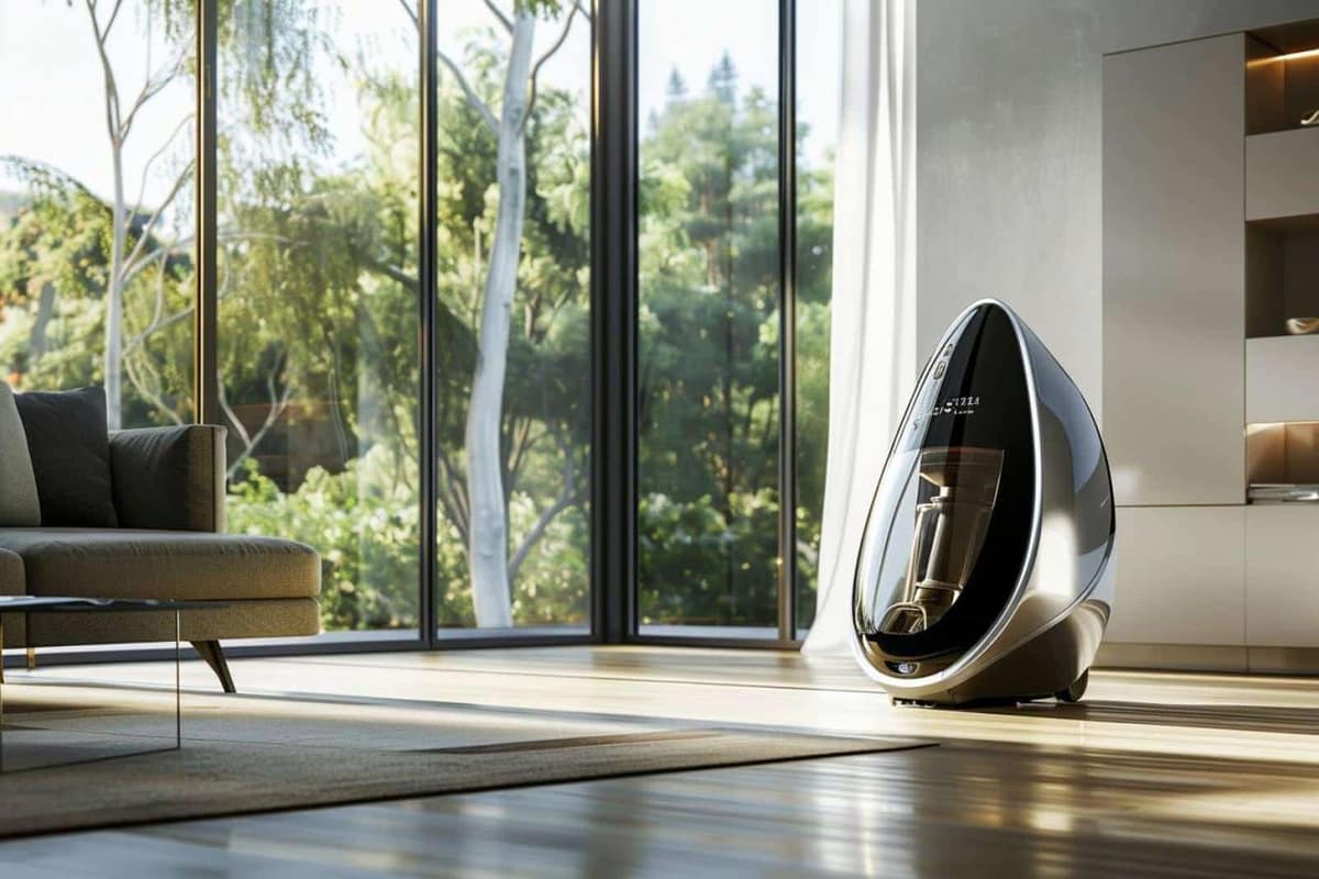 Aspirateur balai sans fil près d’un canapé sur parquet clair