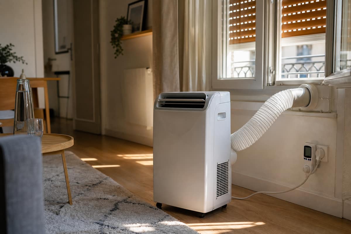 Climatiseur mobile raccordé à un wattmètre près d’une fenêtre calfeutrée