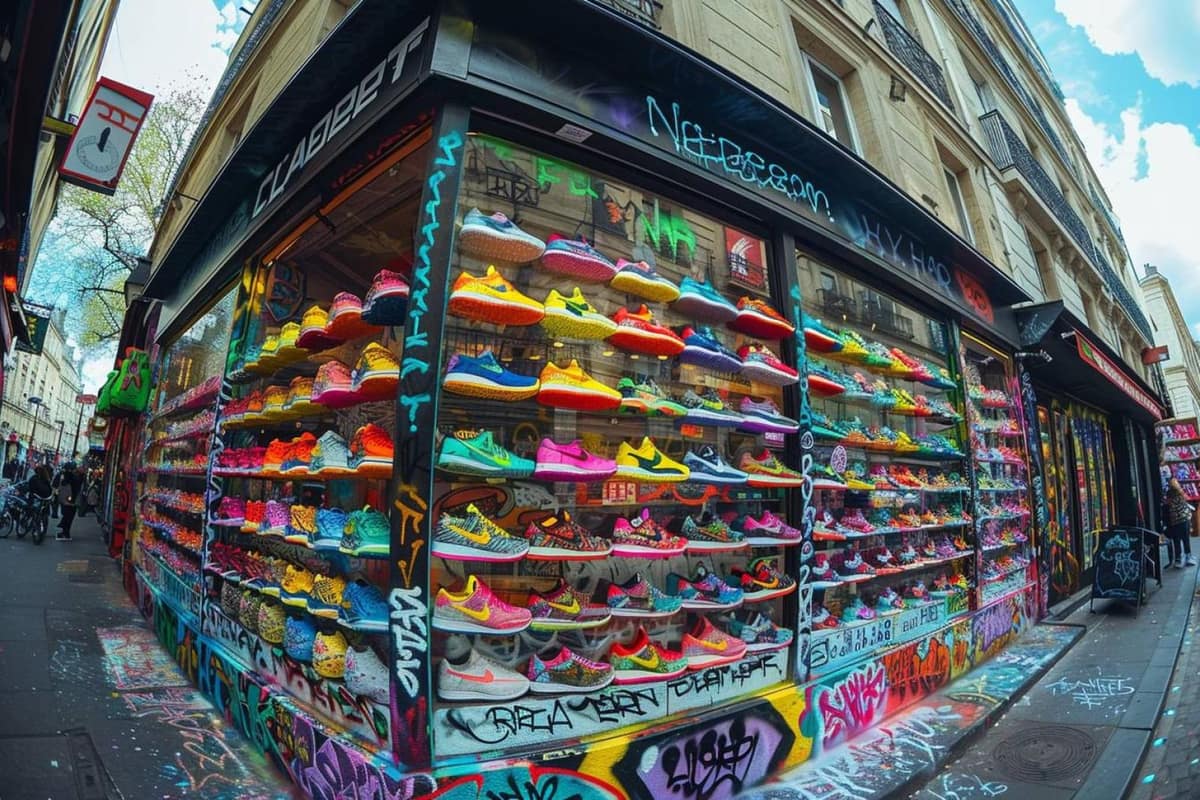 Sélection de sneakers sur présentoir dans une boutique moderne près des Halles