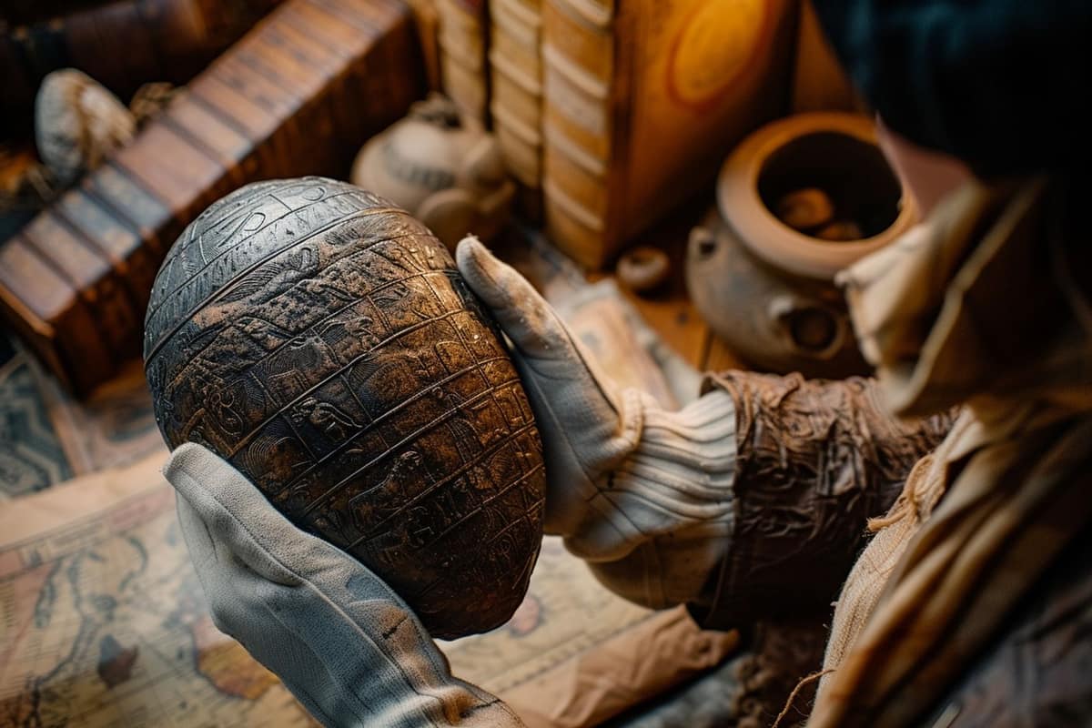 Dodécaèdre romain en bronze exposé dans une vitrine de musée archéologique