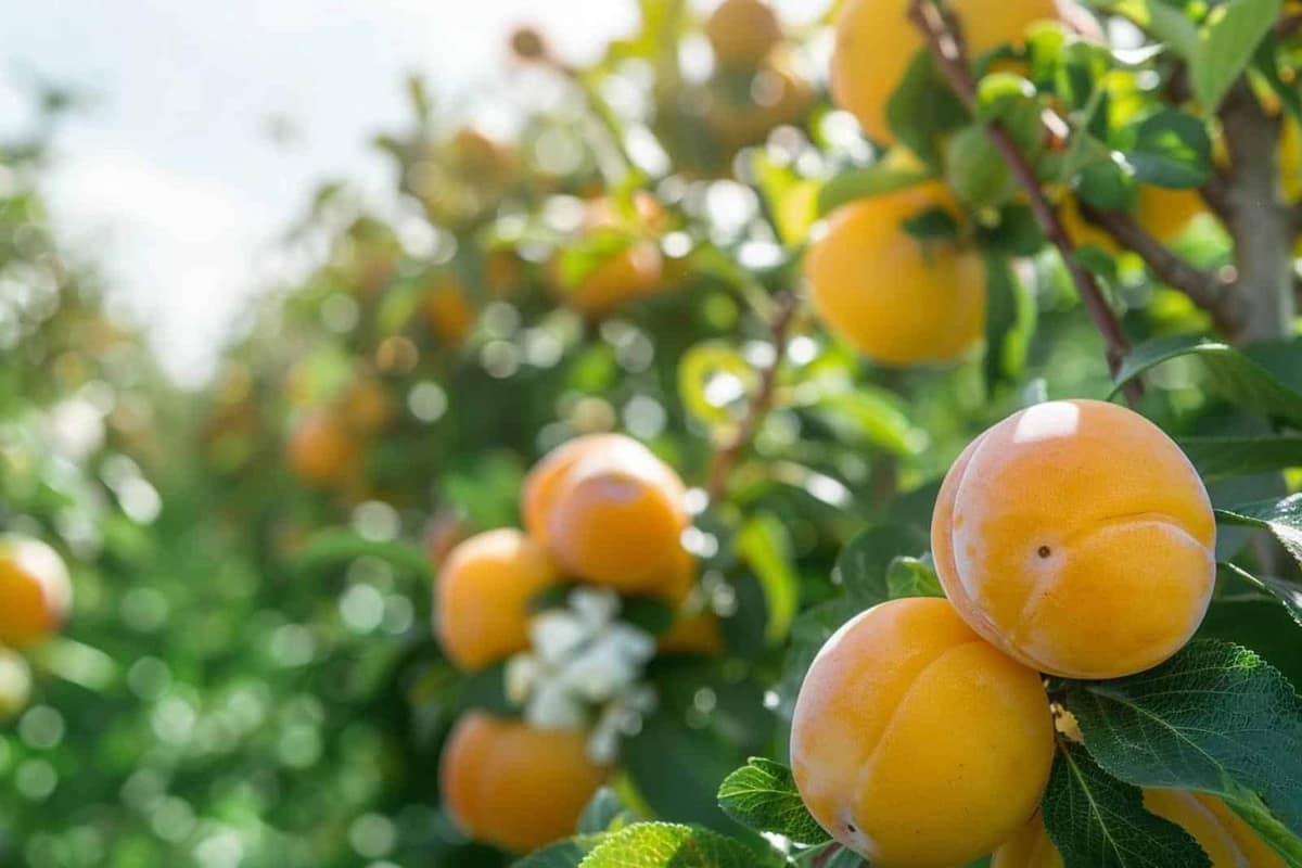 Pluots mûrs entiers et coupés dans un bol en céramique au jardin