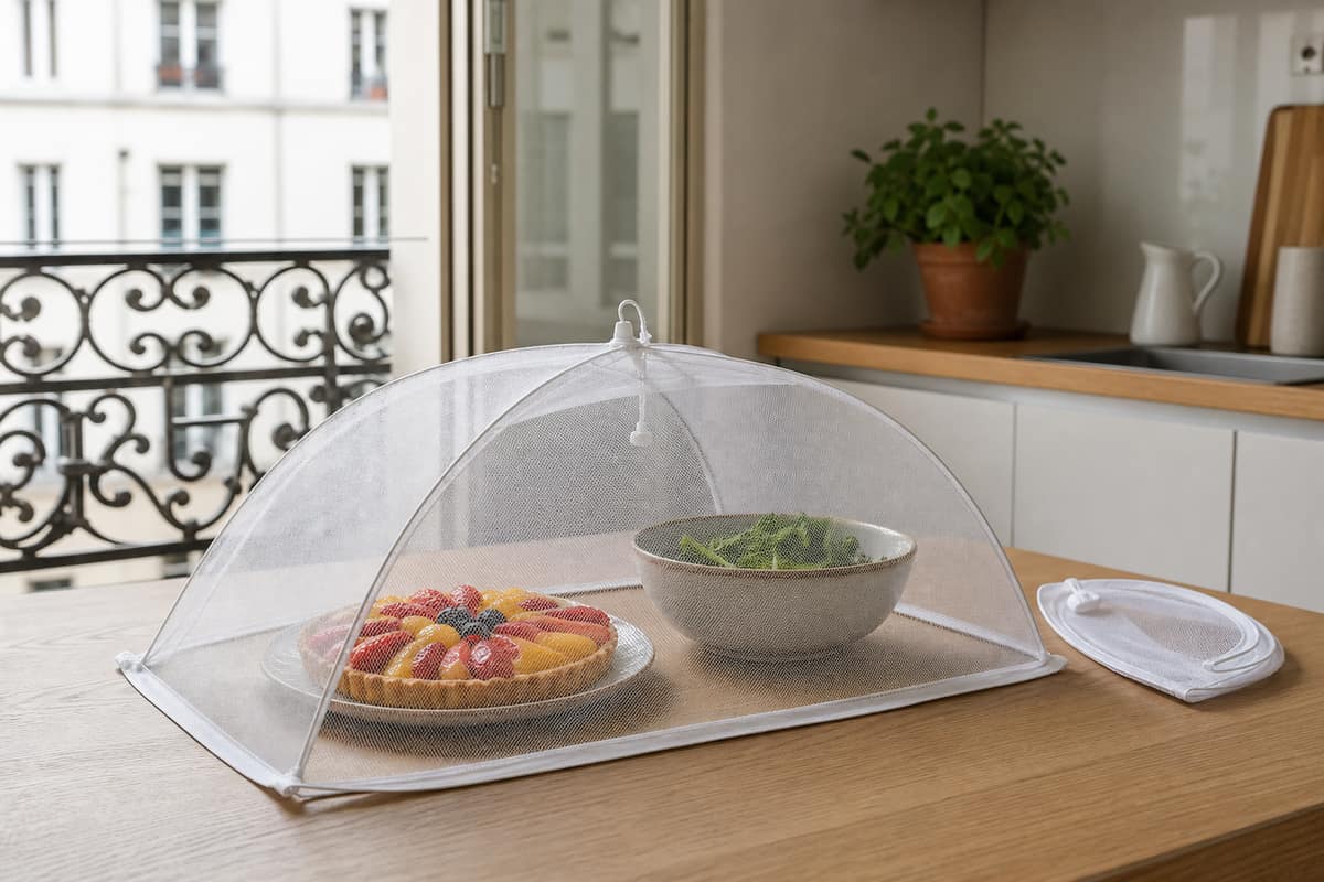 Cloche pop-up en maille protégeant des plats sur une table de cuisine