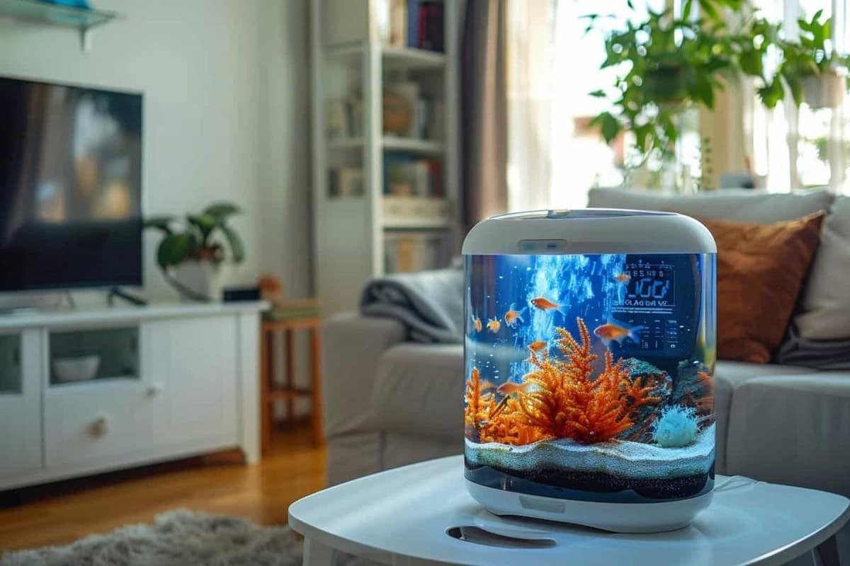 Aquarium planté relié à un refroidisseur d’eau externe près du meuble