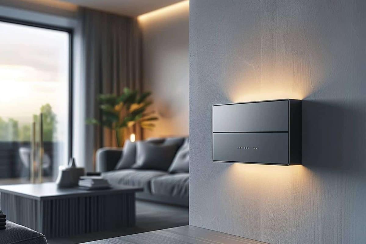 Boîte cache-câbles ventilée posée sur un meuble TV avec multiprise rangée
