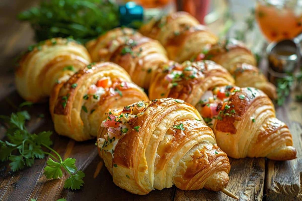 Plaque de mini croissants apéro dorés au sésame sortant du four