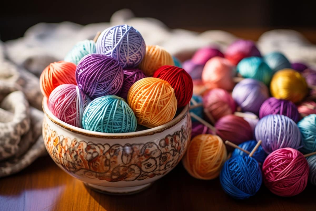 Mains crochetant un sous-verre en coton sur une table en bois clair