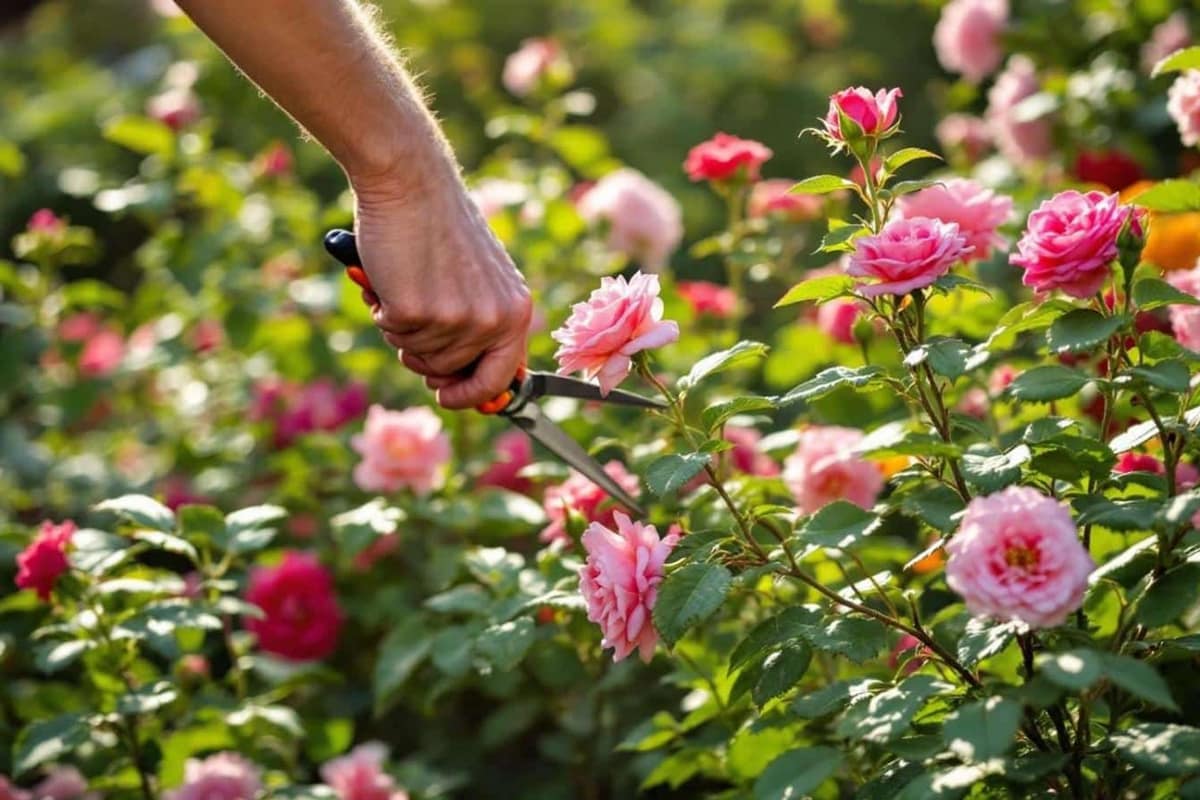 Mains gantées taillant un rosier aux bourgeons gonflés dans un jardin printanier