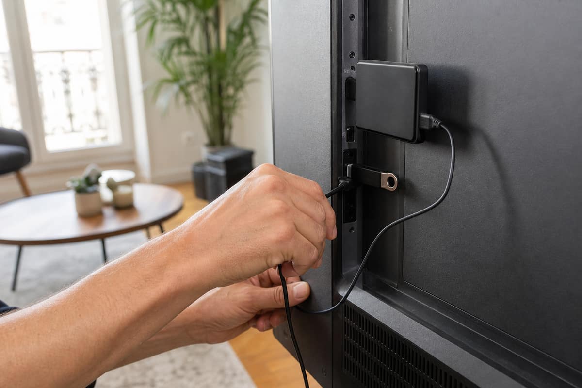 Clé USB et disque externe branchés derrière un téléviseur moderne