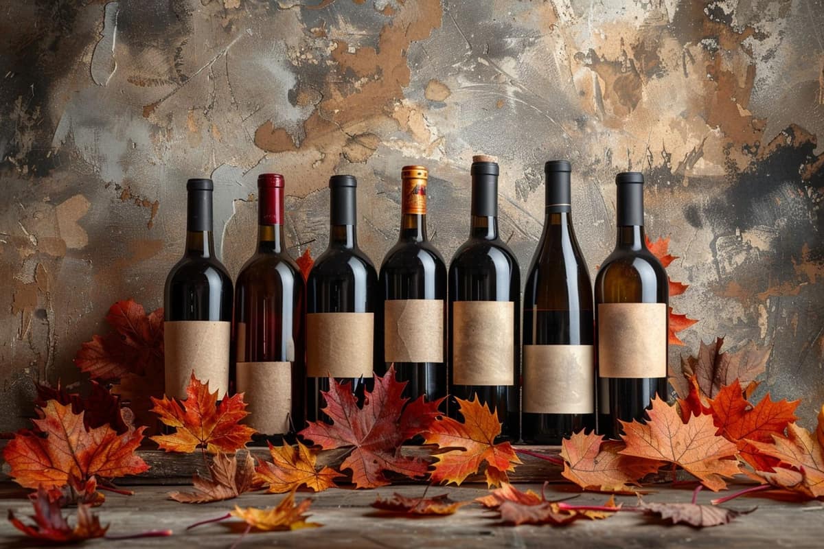Bouteilles de vin rangées dans un panier devant un rayonnage automnal