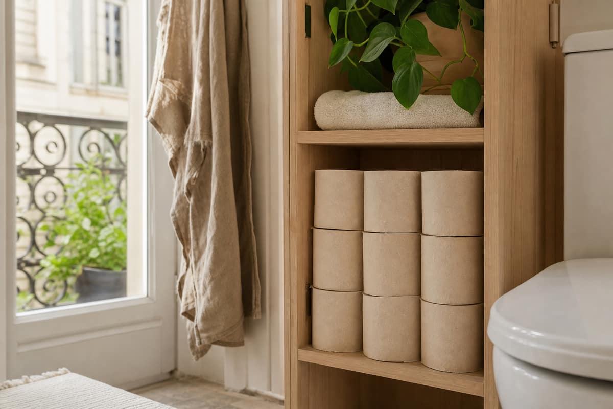 Rouleaux de papier toilette beige non blanchi dans une salle de bain lumineuse