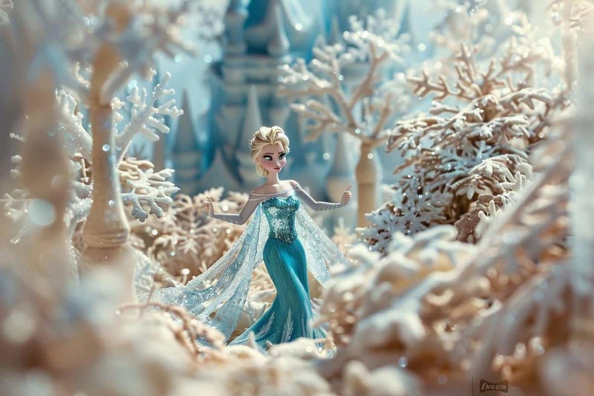 Mains d’enfant coloriant une princesse hivernale aux crayons bleus sur une table.