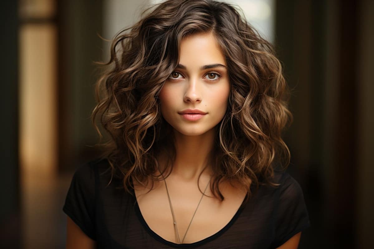 Cheveux mi-longs ondulés au niveau des clavicules avec balayage discret