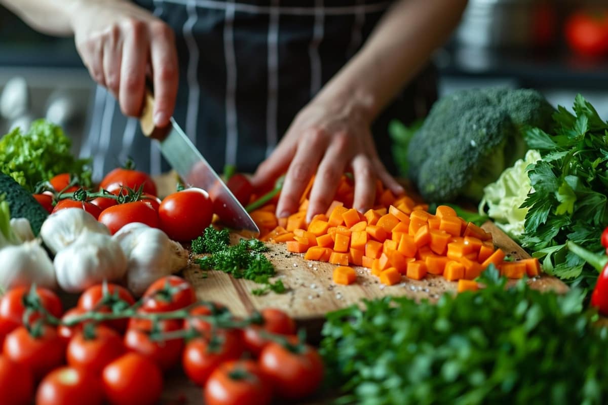 Dhal de lentilles, pois chiches rôtis et légumes sur une table en bois