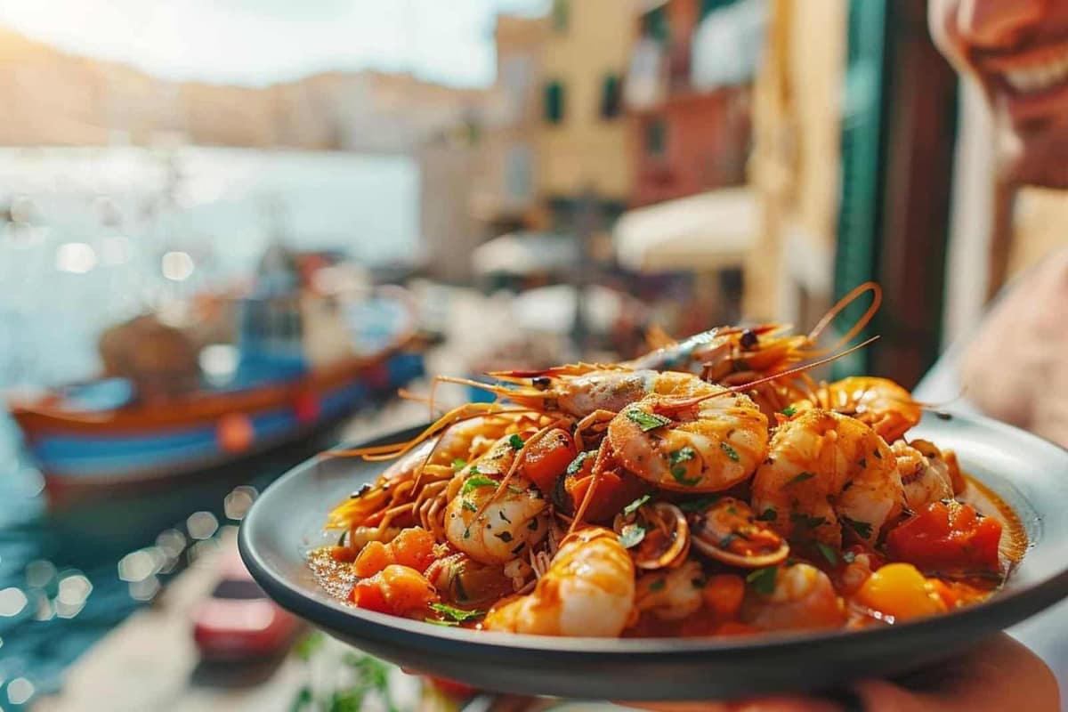 Bouillabaisse marseillaise avec poissons de roche, rouille et croûtons sur un port provençal