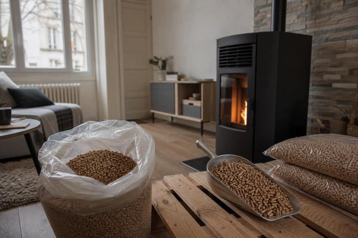 Poêle à granulés allumé, sac de pellets et pelle métallique dans un salon