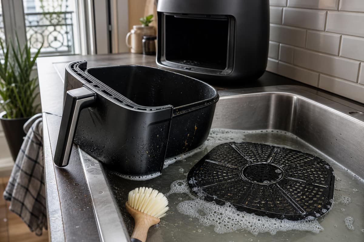Panier d’airfryer et grille amovible nettoyés avec eau tiède savonneuse