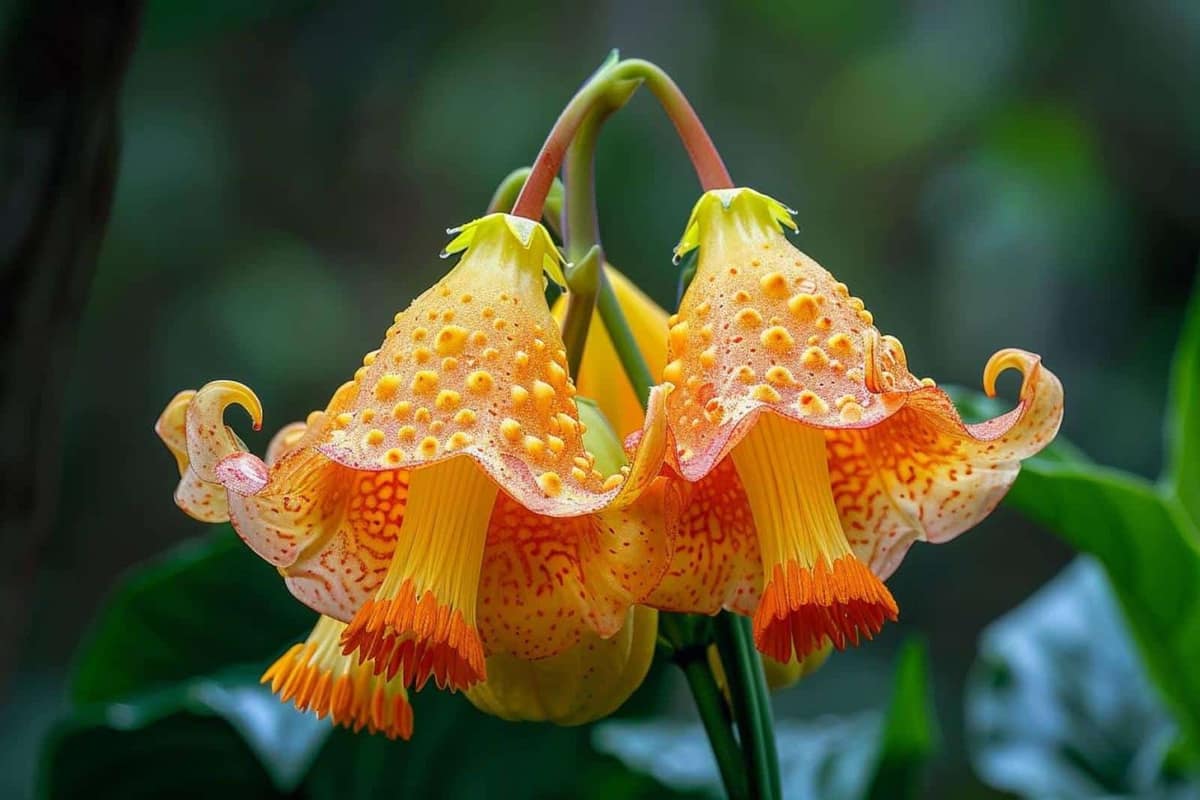 Fleurs orange de sandersonia dans un pot en terre cuite sur balcon