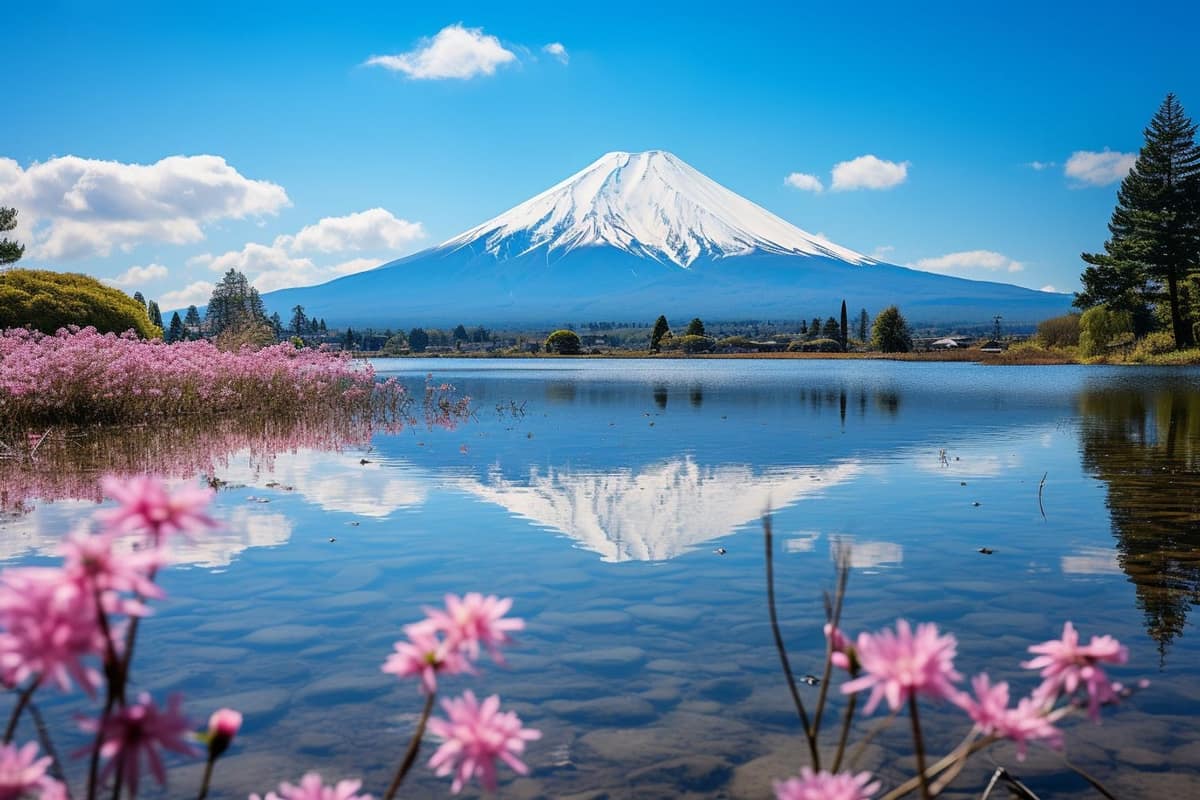 Mont Fuji enneigé vu depuis les rives calmes du lac Kawaguchiko au lever du jour