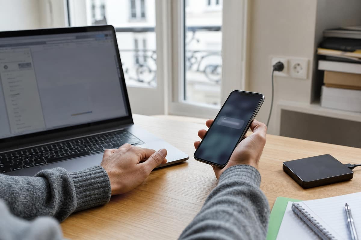 Smartphone affichant une alerte suspecte près d’un ordinateur portable à domicile