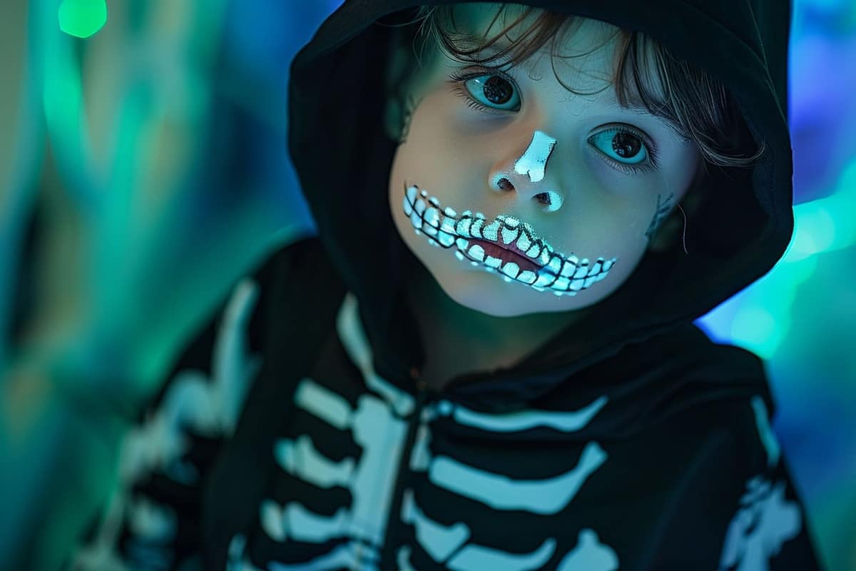 Jeune enfant en costume squelette noir marchant au crépuscule avec un adulte
