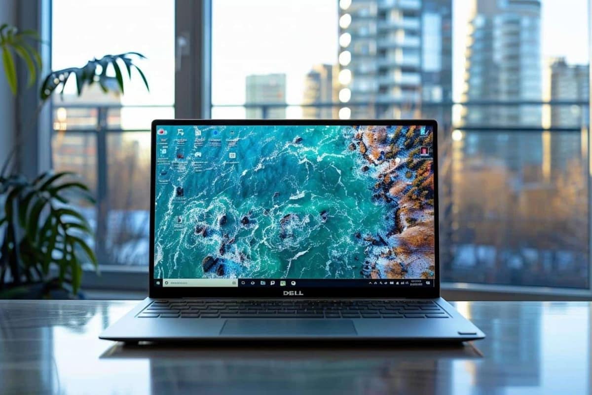 Ultraportable en aluminium ouvert sur un bureau avec hub USB-C