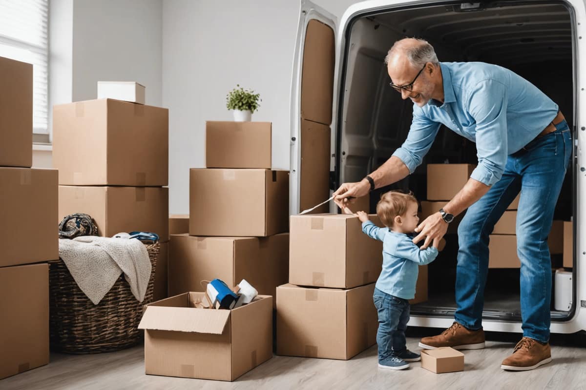 Cartons de déménagement organisés avec diable et couvertures dans un appartement lumineux