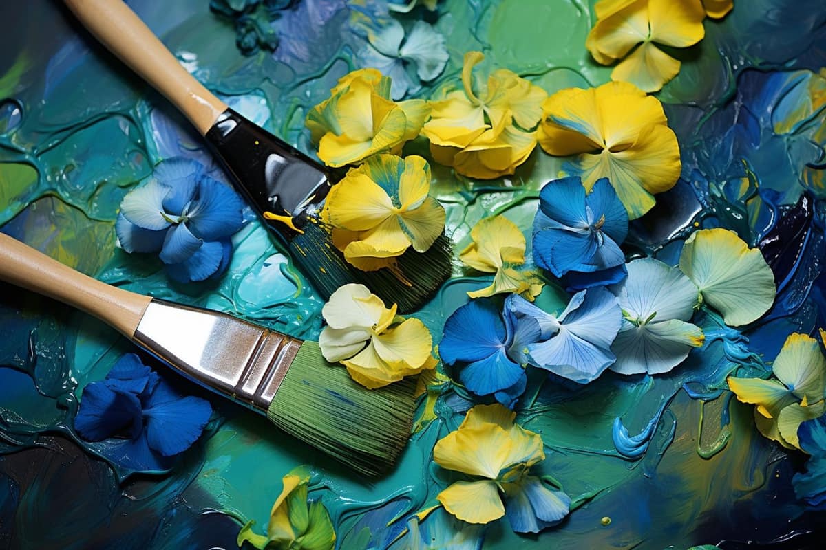 Palette de peinture avec mélanges verts, bleu, jaune et couteau à peindre