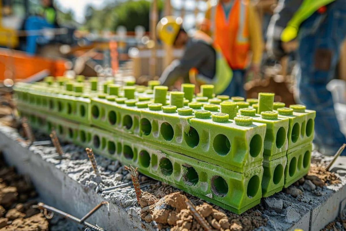 Blocs de construction recyclés à emboîtement assemblés sur un chantier résidentiel