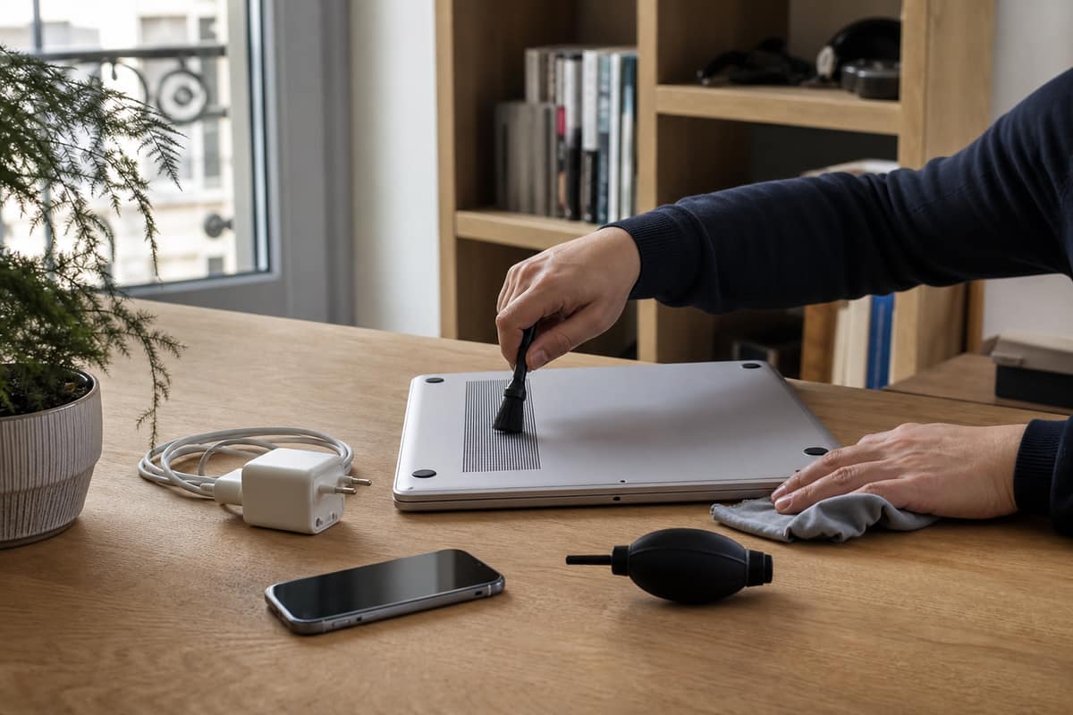 Nettoyage délicat des aérations d’un ordinateur portable sur un bureau lumineux