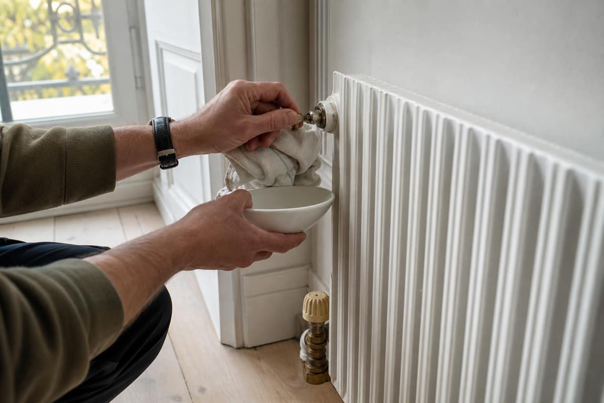 Mains purgeant un radiateur à eau avec clé, chiffon et récipient