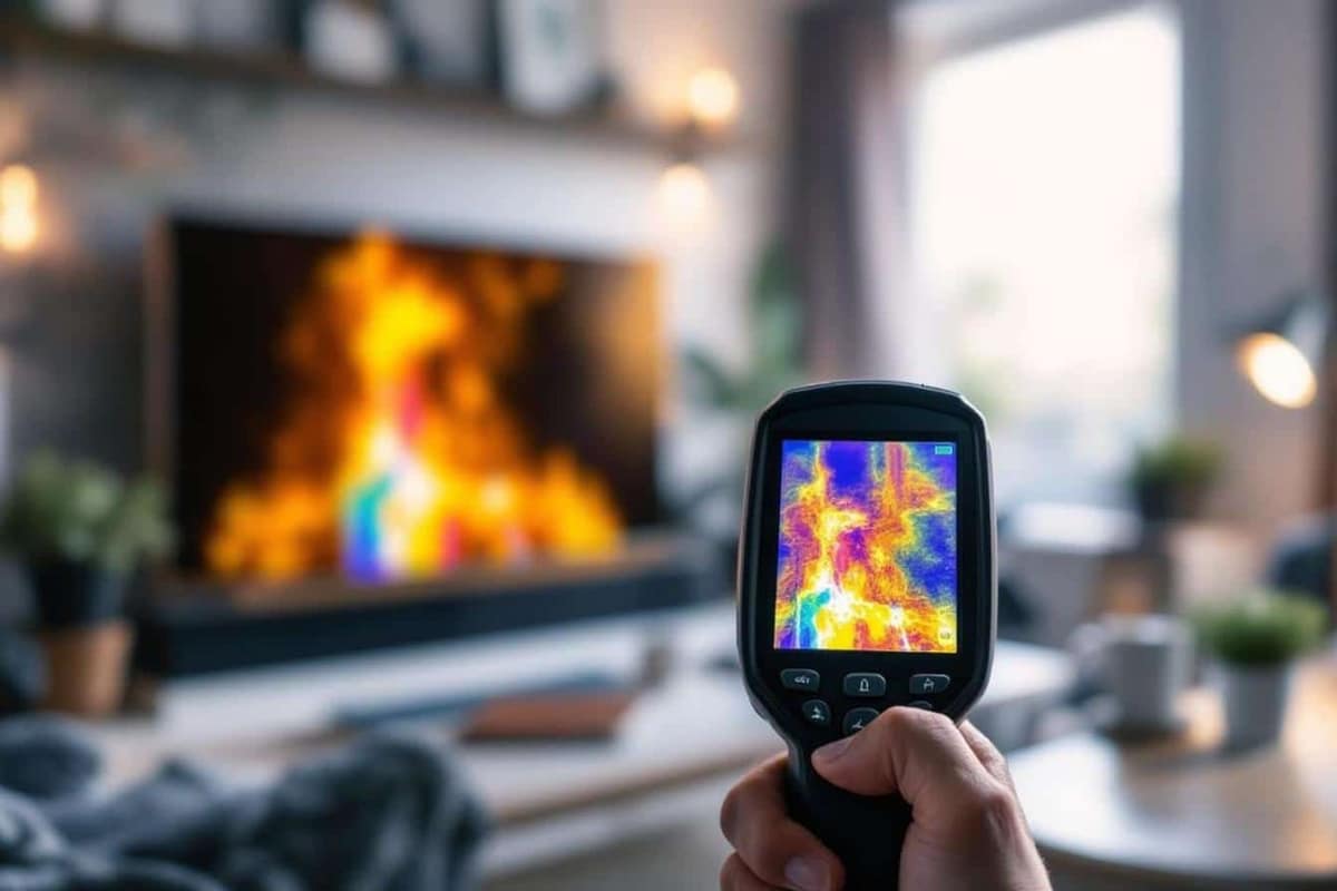 Caméra thermique contrôlant le contour d’une fenêtre dans une maison en hiver