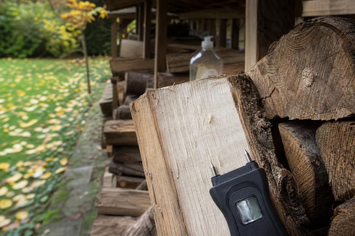 Bûches fendues et humidimètre à pointes sous un abri de jardin