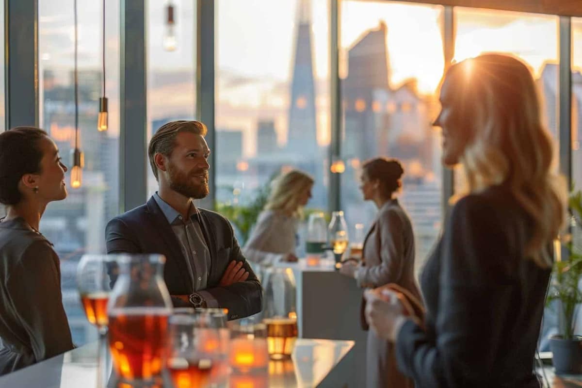 Deux professionnels échangent leurs coordonnées lors d’un événement de réseautage en intérieur.