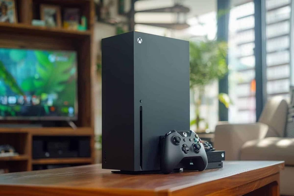 Console noire posée horizontalement dans un meuble TV aéré avec câbles et mètre ruban
