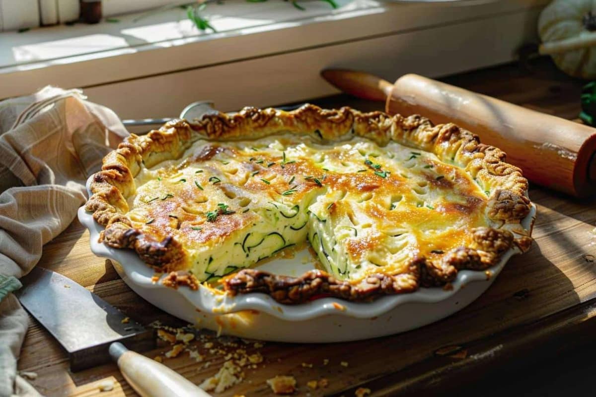 Tarte aux courgettes dorée, découpée, avec fond de pâte croustillant