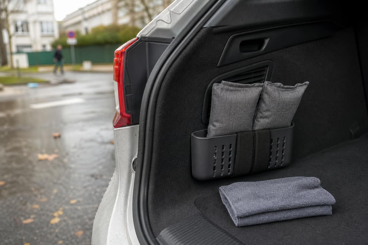 Sachets de gel de silice arrimés dans le coffre d’une voiture